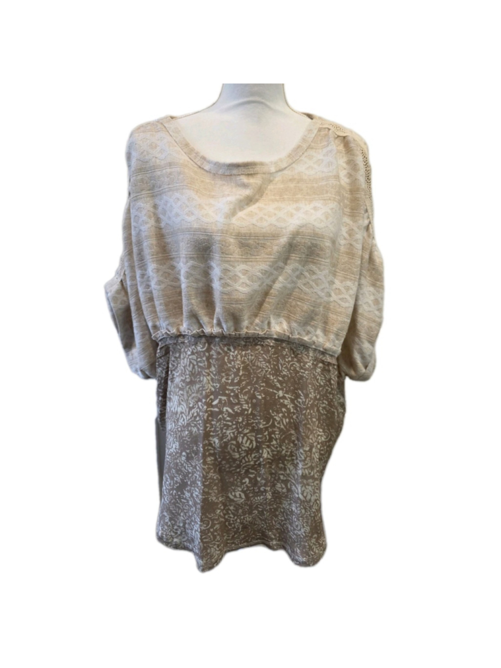 Gimmicks by BKE Babydoll Lace Accent Top Size XL Tan & Cream Floral Boho Cottage